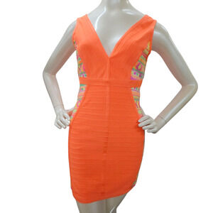 2B Bebe Dress Size Small Orange Mini Bodycon Florescent Sequin V Back Sleeveless